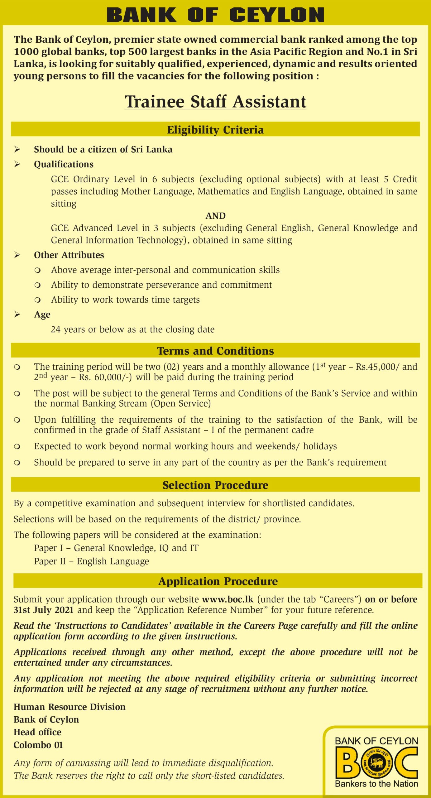 Trainee Staff Assistant Bank Of Ceylon