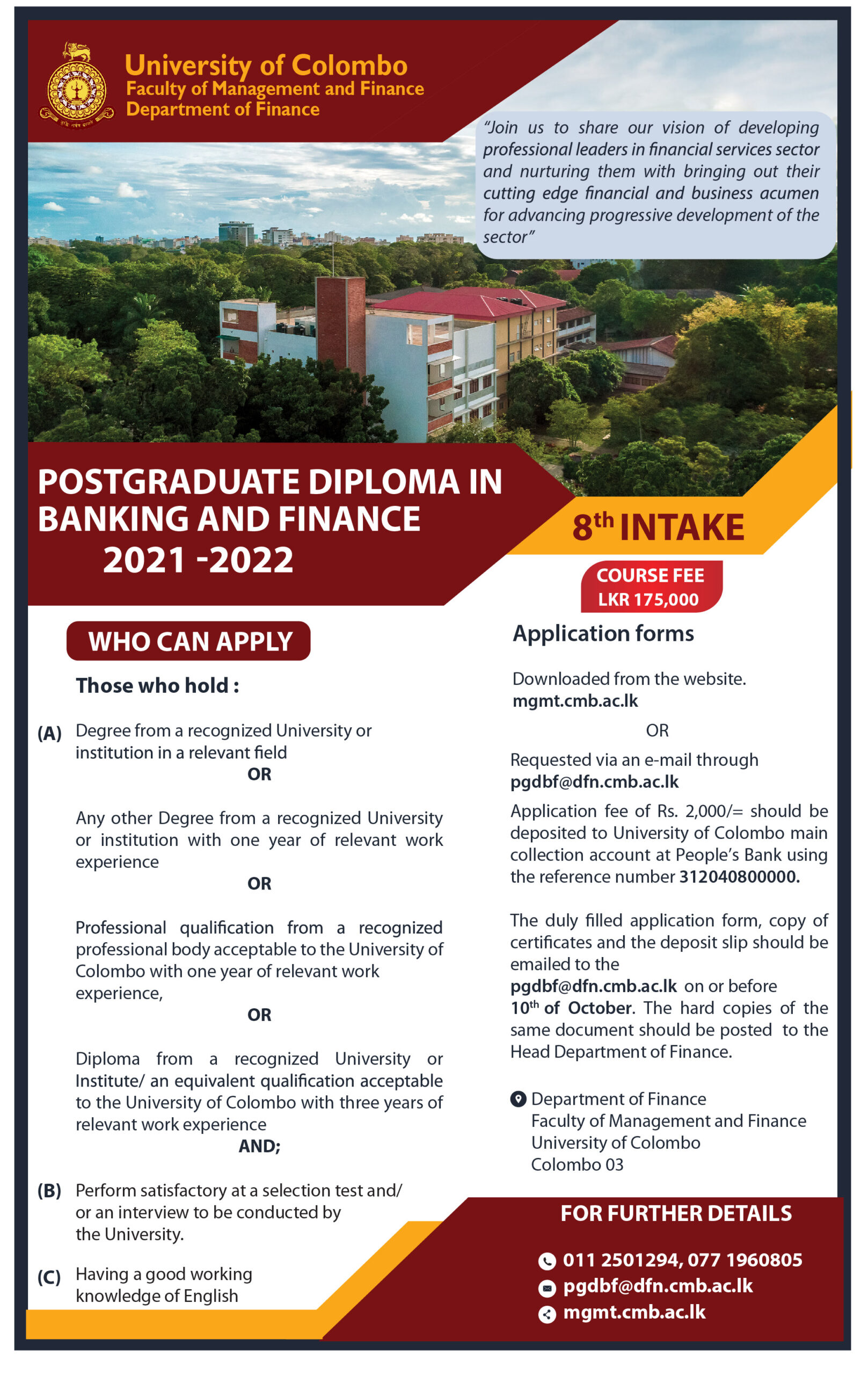 Postgraduate Diploma in Banking and Finance (PGDBF) 2021 University of Colombo